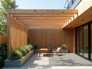 Scandinavian Slatted Screen - A minimalist wooden slatted screen structure with adjustable panels in light oak finish. Clean lines and simple geometry create elegant shade patterns, complemented by modern concrete planters with ornamental grasses and simple outdoor furniture.