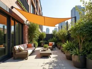 Small Space Sail Solution - Compact urban patio with clever triangular shade sail configuration, maximizing space with vertical plantings and fold-away furniture, photorealistic