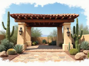 Southwest Adobe Gazebo - Adobe style gazebo with wooden beams, terra cotta tiles, surrounded by desert landscaping with saguaro cacti