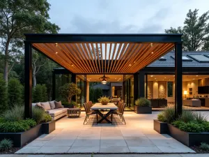 Modern Steel and Wood Slat Pergola - A contemporary patio featuring a pergola made of black steel frame with horizontal wooden slats, creating linear shadow patterns, with modern container gardens