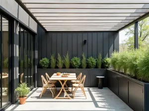 Multi-Purpose Storage Screen - A modern folding screen with built-in planters providing shade and storage, perfectly sized for a small apartment patio with minimal decor