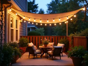 String Light Canopy - A creative shade solution using a canvas drop cloth suspended below string lights, creating a romantic evening atmosphere on a small apartment patio