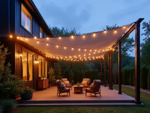 String Light Shade Canopy - Affordable outdoor fabric panels suspended between string lights to create an evening shade solution with ambient lighting