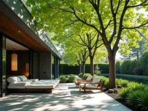 Sweet Gum Sanctuary - Modern patio design beneath the varied canopy of sweet gum trees, with star-shaped leaves creating interesting shade patterns, minimalist furniture, and clean hardscaping