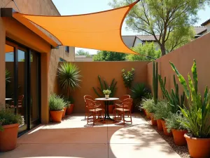 Tiered Canvas Shade - Artistic small patio design with overlapping canvas shade panels in earth tones, featuring Mediterranean herbs in terracotta pots