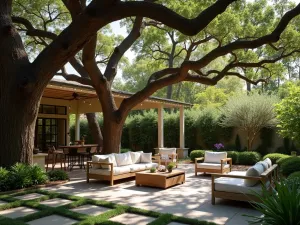 Tree Canopy Natural Shade - A peaceful patio designed around mature oak trees, utilizing natural canopy shade with string lights and comfortable seating arranged beneath