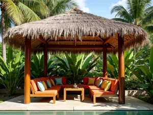 Tropical Palapa Retreat - A authentic palapa-style shade structure with a thick thatched roof made from dried palm fronds. Rich wooden posts support the natural canopy, while tropical foliage, teak furniture, and colorful throw pillows create a resort-like atmosphere.