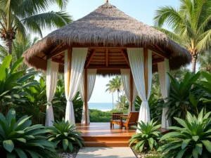 Tropical Paradise Gazebo - Open-sided wooden gazebo with thatched palm roof, billowing white curtains, surrounded by bird of paradise and tropical ferns