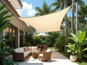 Tropical Paradise Shade Design - Large white shade sails over tropical patio with palm trees, bird of paradise plants, and rattan furniture, photorealistic