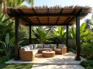 Tropical Pergola with Palm Fronds - A dark wooden pergola with natural palm frond roof covering, surrounded by tropical plants and rattan furniture, creating a resort-style atmosphere