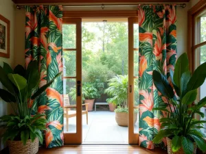 Tropical Print Outdoor Panels - Bold tropical print curtain panels creating a vibrant outdoor room, surrounded by bird of paradise plants and monstera