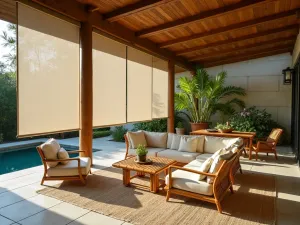 Tropical Roll Screen System - Motorized roll screen system with semi-transparent mesh, protecting a tropical style patio with bamboo furniture