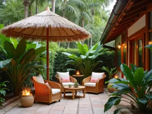 Tropical Tiki Umbrella Paradise - Island-inspired patio with a natural palm frond umbrella, bamboo furniture, and tiki torches. Bird of paradise and palm plants create tropical atmosphere