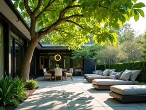 Tulip Tree Terrace - Sophisticated patio under the broad canopy of a tulip tree, with large leaves creating bold shade patterns, contemporary furniture, and clean lines, architectural style