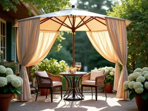 Umbrella with Privacy Curtains - Romantic small patio setting with a central market umbrella surrounded by flowing outdoor curtains, complemented by potted hydrangeas