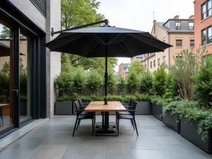 Urban Industrial Umbrella Corner - City patio with a sleek dark gray cantilever umbrella, metal and wood furniture, and concrete planters. Urban garden plants add green elements