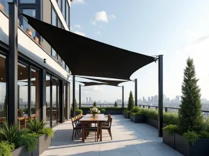 Urban Rooftop Sail Shelter - Modern urban rooftop patio with industrial-style posts supporting angular black shade sails, container gardens, city views, photorealistic