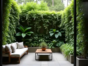 Vertical Garden Shade Wall - Eco-friendly small patio featuring a living wall system with dense foliage providing natural shade, including ferns and trailing vines