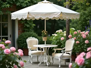 Victorian Tea Garden Umbrella - Elegant patio with a white lace-trimmed umbrella shading an ornate metal tea table. English roses and hydrangeas surround the space