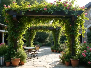 Mediterranean Vine-Covered Arbor - A romantic stone patio with a wrought iron arbor completely covered in flowering vines and climbing roses, creating natural shade with Mediterranean charm