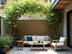 Privacy Screen with Climbing Vines - A freestanding lattice privacy screen with potted climbing jasmine, creating natural shade on a small apartment patio with modern outdoor furniture