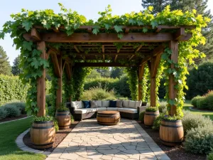 Vineyard-Inspired Grape Vine Pergola - A sturdy wooden pergola covered in mature grapevines, providing natural shade over a rustic stone patio with wine barrel planters