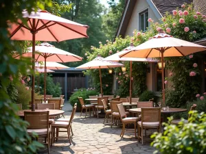 Vintage Market Umbrella Garden - A charming cottage patio with multiple vintage-style market umbrellas in pastel colors, surrounded by climbing roses and cottage garden flowers