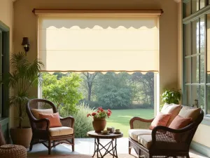 Vintage Style Roller Shade - Charming vintage-inspired manual roller shade in cream canvas with scalloped edges, covering a rustic patio with antique furniture