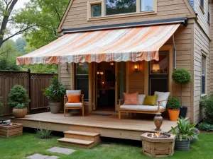 Vintage Sheet Awning - Repurposed vintage bed sheets creating a bohemian-style awning with mixed patterns, suspended from simple hardware