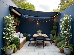 Wall-Mounted Folding Canopy - Contemporary small patio with a navy blue wall-mounted folding canopy, string lights, and climbing jasmine on copper wire trellises