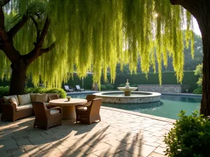 Weeping Willow Waterside Patio - Romantic patio setting under cascading willow branches near a water feature, creating moving patterns of shade, with casual wicker furniture, dreamy afternoon lighting