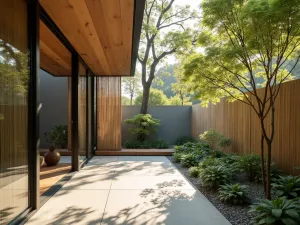 Zen Garden Shade Screen - Japanese inspired retractable bamboo screen system, creating dappled shade patterns over a minimalist zen patio garden