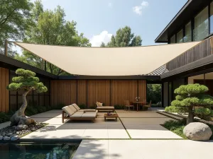 Zen Garden Shade Solution - Minimalist white rectangular shade sail over Japanese-inspired patio with bamboo screens, rock garden, and bonsai trees, photorealistic