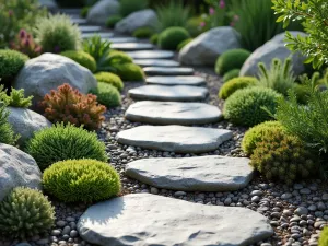 Alpine Rock Garden Path - Mountain-inspired stepping stone arrangement with alpine plants and small rock formations creating a high-altitude garden feel