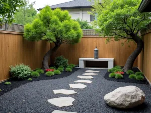 Asian Fusion Stone Garden - Contemporary Asian-inspired patio with black crushed stone, featuring bamboo screens, stone lanterns, and cloud-pruned trees