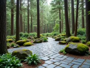 Bluestone Forest Edge - Natural bluestone patio nestled against tall pine trees, with moss-covered boulders and woodland perennials creating a forest atmosphere