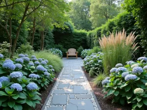 Bluestone Garden Path Patio - A winding bluestone patio path bordered by lush hydrangeas and ornamental grasses, leading to a cozy seating area