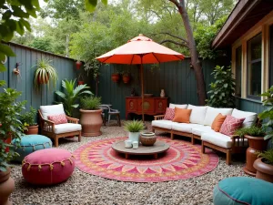 Bohemian Gravel Lounge - Free-spirited patio with mixed crushed stones, colorful Moroccan poufs, hanging plants, and eclectic vintage furniture