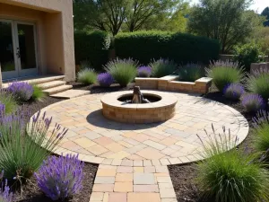 Budget-Friendly Natural Stone Circle - A circular stone patio made with locally sourced flagstone in earth tones, surrounded by lavender plants and drought-resistant grasses, with a simple fire pit in the center