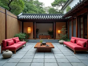 Chinese Garden Stone Patio - Grey stone patio with traditional Chinese patterns. Bamboo screens and cloud-pruned pines create backdrop. Red lacquered furniture and ceremonial tea table. Stone lanterns provide lighting.