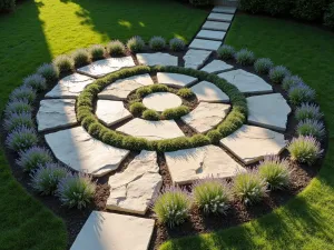 Circular Stone Path Patio - A circular patio design with natural stone stepping stones arranged in a spiral pattern, surrounded by creeping thyme and small purple flowers, photographed from above in morning light