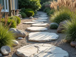 Coastal Beach Stone Path - Beach-inspired stepping stone patio with weathered limestone, coastal grasses, and shell decorations, creating a seaside atmosphere