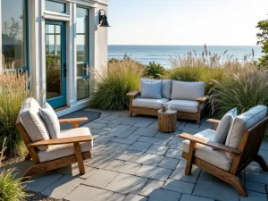 Coastal Bluestone Entertainment Space - A seaside bluestone patio with weathered teak furniture, coastal grasses, and nautical rope details