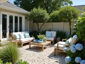 Coastal Crushed Shell Paradise - Beach-inspired patio with crushed seashells, weathered teak furniture, and coastal ornamental grasses, bordered by hydrangeas