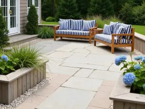 Coastal Stone and Shell Patio - Light-colored limestone patio with crushed shell borders. Coastal grasses and hydrangeas in weathered wooden planters. Navy and white striped cushions on teak furniture.