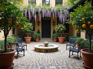 Cobblestone Courtyard Patio - Traditional cobblestone patio laid in a circular pattern with a central stone medallion. Potted citrus trees and climbing wisteria create an intimate European courtyard feel. Wrought iron furniture completes the scene.