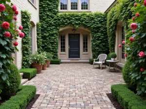 Cobblestone-Style Paver Courtyard - Traditional courtyard patio with tumbled pavers arranged in a fan pattern, resembling old-world cobblestones, surrounded by climbing roses and boxwood hedges