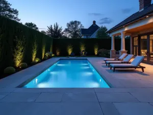 Contemporary Bluestone Pool Deck - A minimalist bluestone pool deck with clean lines, built-in LED lighting, and modern lounge chairs, photographed at twilight