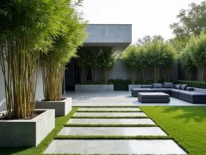 Contemporary Granite Strip Patio - Long strips of polished granite alternating with strips of grass. Minimalist concrete planters with bamboo create privacy. Modern lounge furniture in charcoal grey.