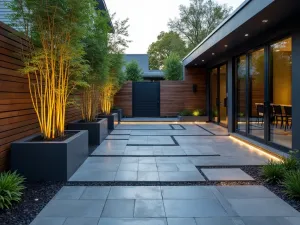 Contemporary Linear Paver Design - Long, rectangular charcoal grey pavers arranged in a linear pattern, creating a sleek modern patio with built-in LED lighting strips and specimen bamboo planters